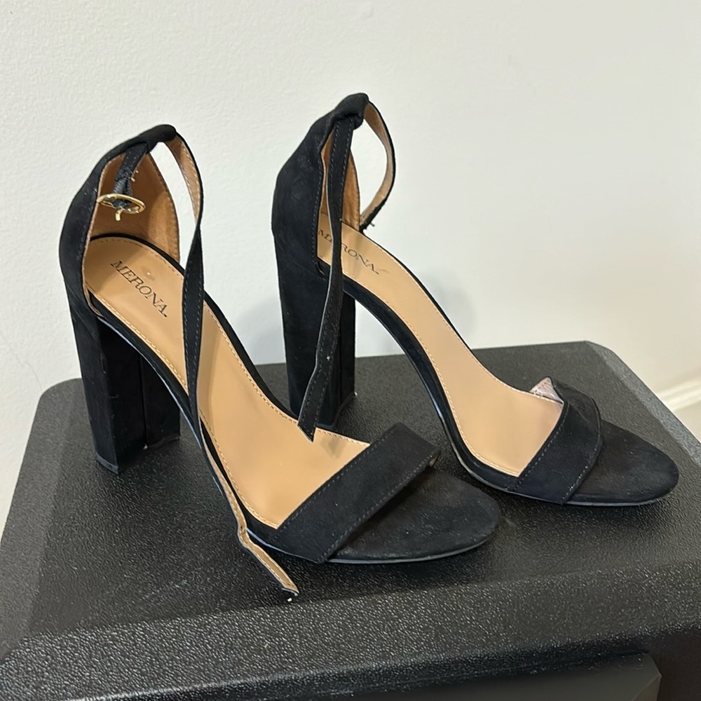 Black heels size 9. Worn outside once, these babies are too tall for me nowadays